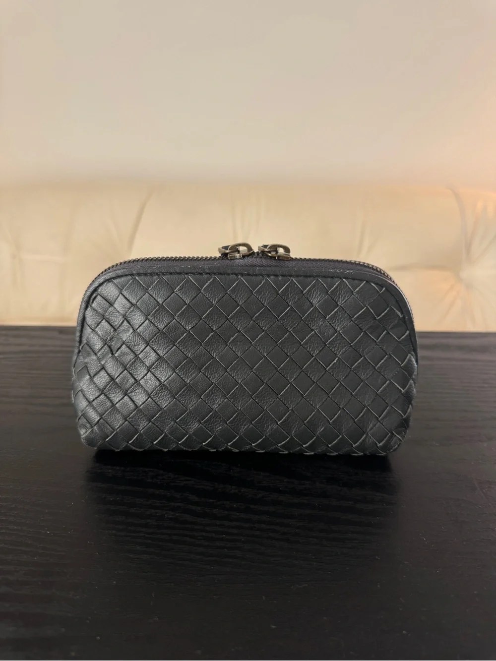 Bottega Veneta Intrecciato Leather Makeup Bag in Space (Navy Black)